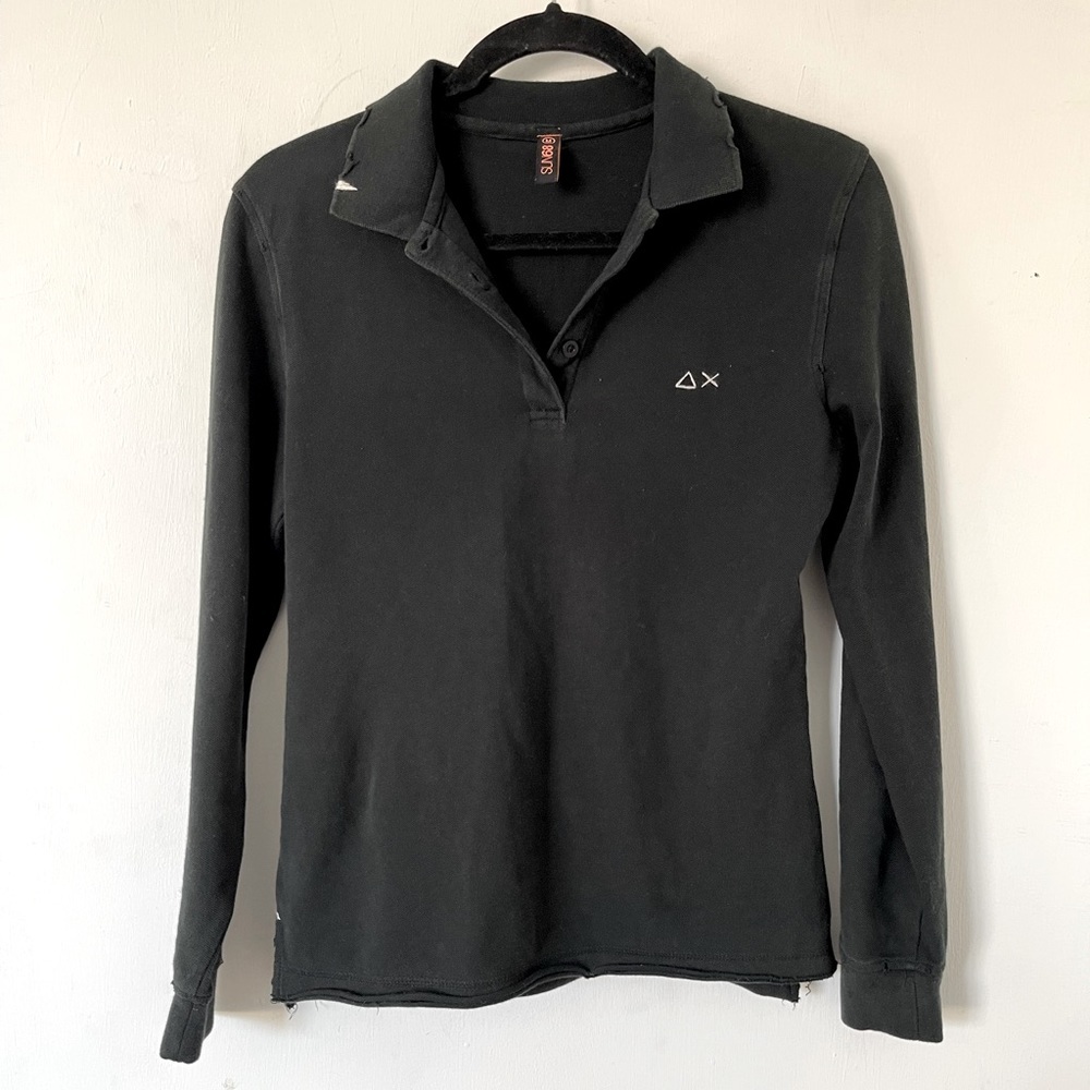 Sun68 size M womens dark green polo varsity graphic distressed long sleeve top